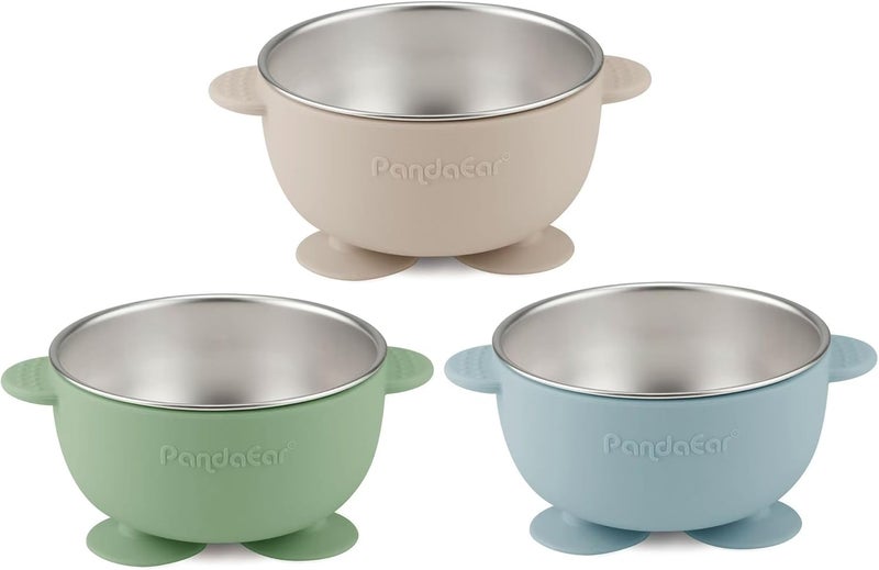 PandaEar 3 Pack Stainless Steel Baby Suction Bowls, Non-Slip Child Food Bowl with Silicone Sleeve for Kids Toddlers Infants, Unbreakable & Mess Free (Blue Green Brown) - Image 3